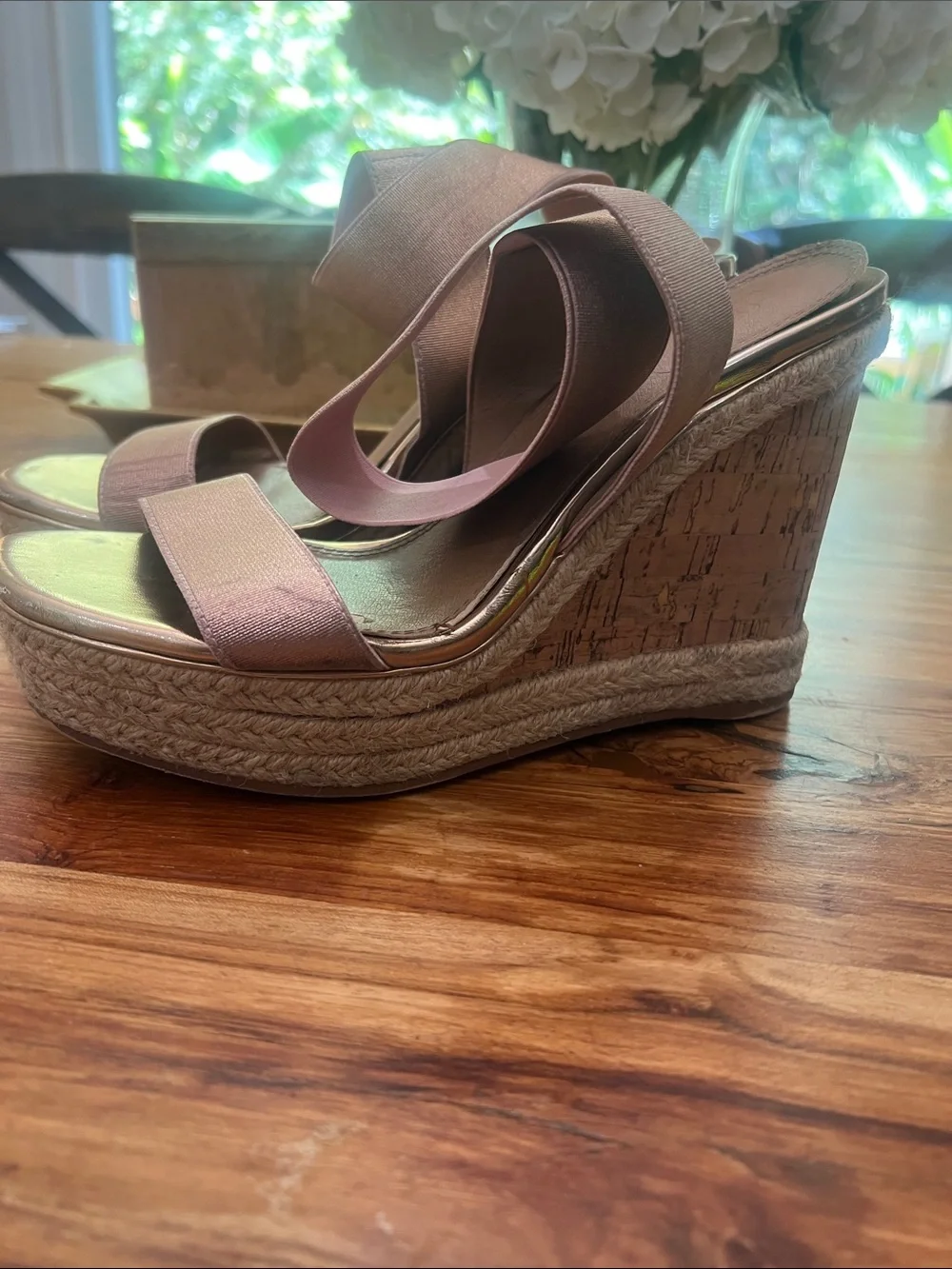 ASOS Women’s Pink Rose Gold Metallic Wedge Sandals with Strappy Elastic Upper